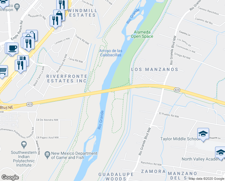 map of restaurants, bars, coffee shops, grocery stores, and more near Paseo Del Norte Boulevard Northeast in Albuquerque
