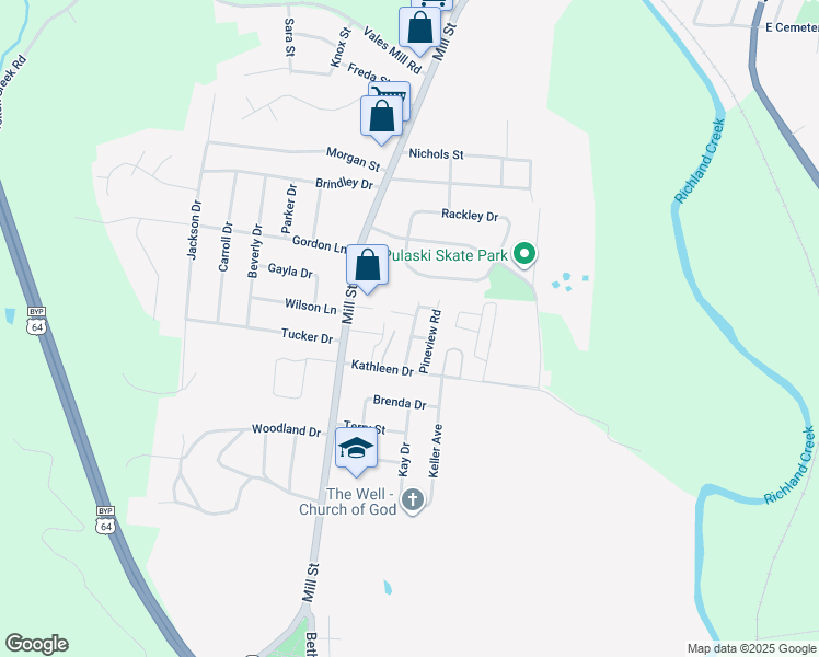 map of restaurants, bars, coffee shops, grocery stores, and more near 1403 Brandywine Avenue in Pulaski