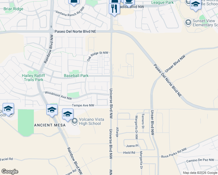 map of restaurants, bars, coffee shops, grocery stores, and more near 8924 Mission Ridge Drive in Albuquerque