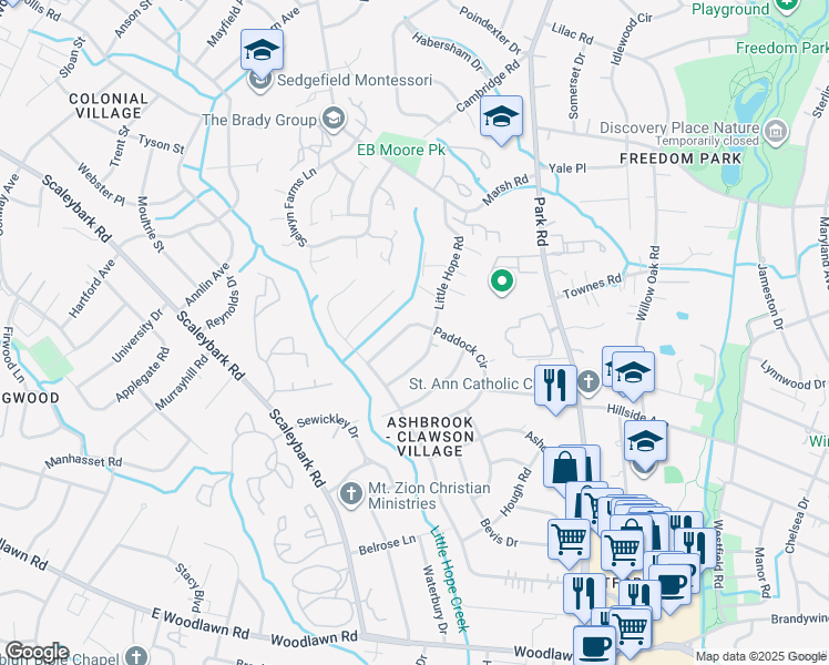 map of restaurants, bars, coffee shops, grocery stores, and more near 1623 Paddock Cir in Charlotte