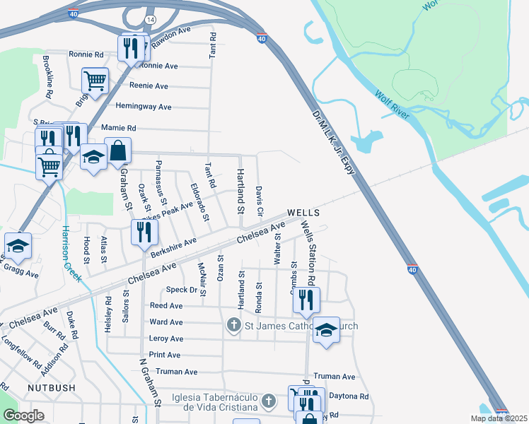 map of restaurants, bars, coffee shops, grocery stores, and more near 1860 Davis Circle in Memphis