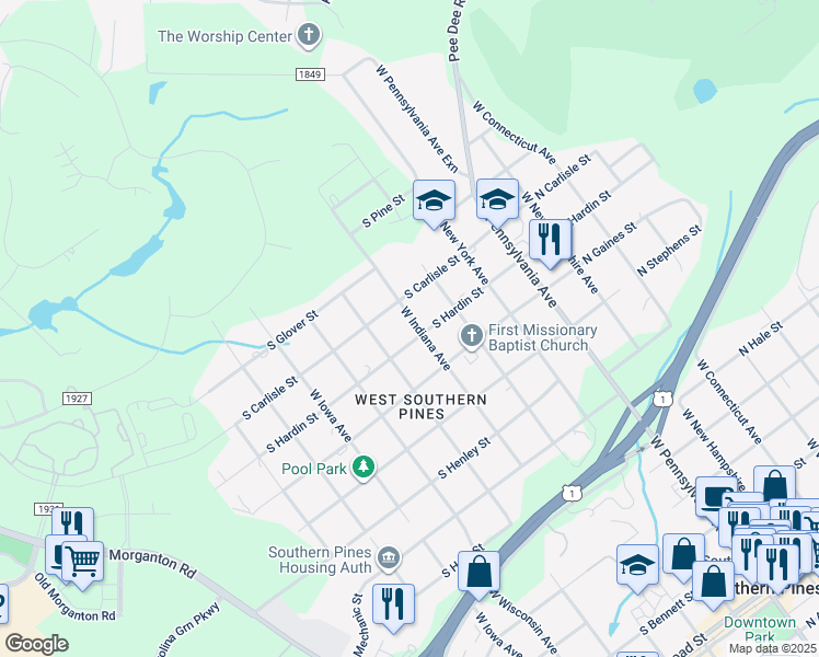 map of restaurants, bars, coffee shops, grocery stores, and more near 1130 West Indiana Avenue in Southern Pines