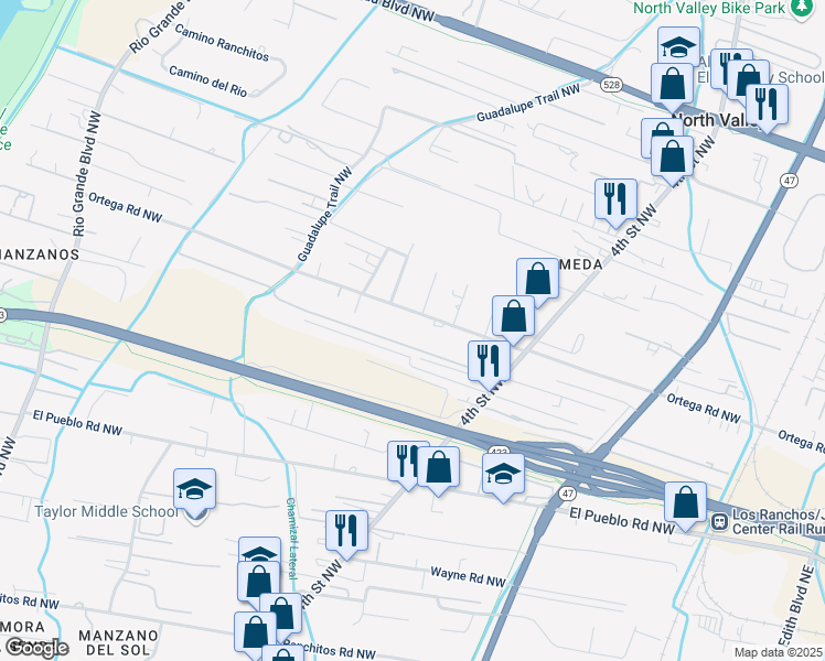 map of restaurants, bars, coffee shops, grocery stores, and more near 702 Ortega Road Northwest in Los Ranchos de Albuquerque