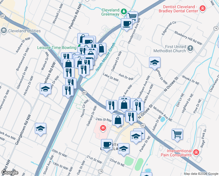 map of restaurants, bars, coffee shops, grocery stores, and more near 450 Neal Drive Northwest in Cleveland