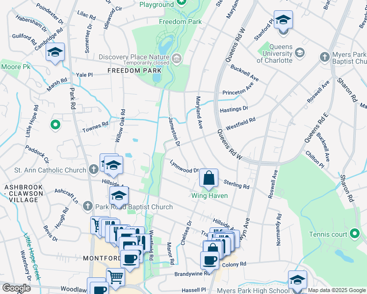 map of restaurants, bars, coffee shops, grocery stores, and more near 1808 Sterling Road in Charlotte