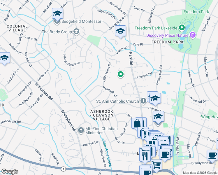 map of restaurants, bars, coffee shops, grocery stores, and more near 1510 Paddock Circle in Charlotte