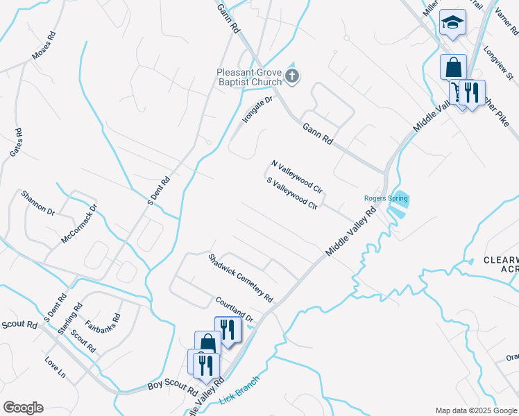 map of restaurants, bars, coffee shops, grocery stores, and more near 1367 Meadowood Drive in Middle Valley