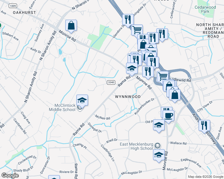 map of restaurants, bars, coffee shops, grocery stores, and more near 2209 Rama Road in Charlotte