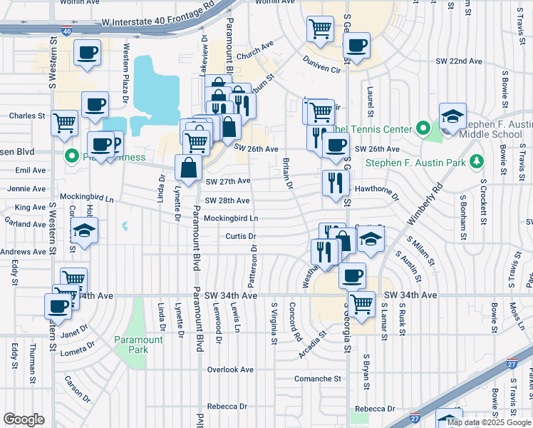 map of restaurants, bars, coffee shops, grocery stores, and more near 3014 Mockingbird Lane in Amarillo
