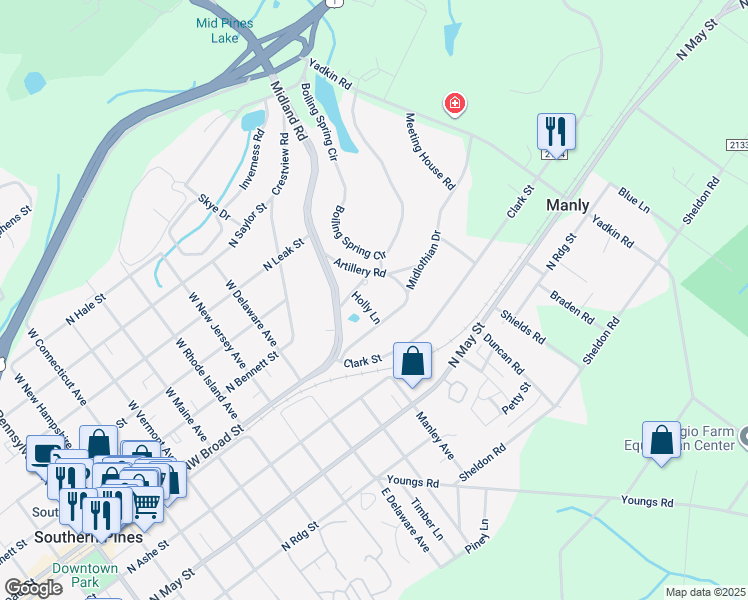 map of restaurants, bars, coffee shops, grocery stores, and more near 9 Holly Lane in Southern Pines