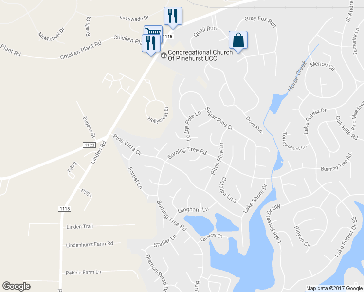 map of restaurants, bars, coffee shops, grocery stores, and more near 695 Burning Tree Road in Pinehurst