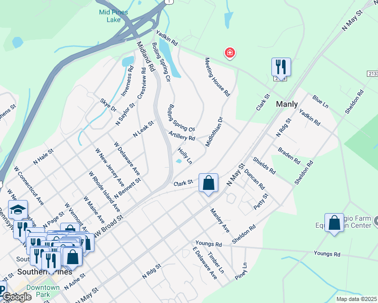 map of restaurants, bars, coffee shops, grocery stores, and more near 9 Holly Lane in Southern Pines