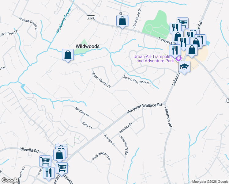 map of restaurants, bars, coffee shops, grocery stores, and more near 7130 Stillwell Road in Matthews