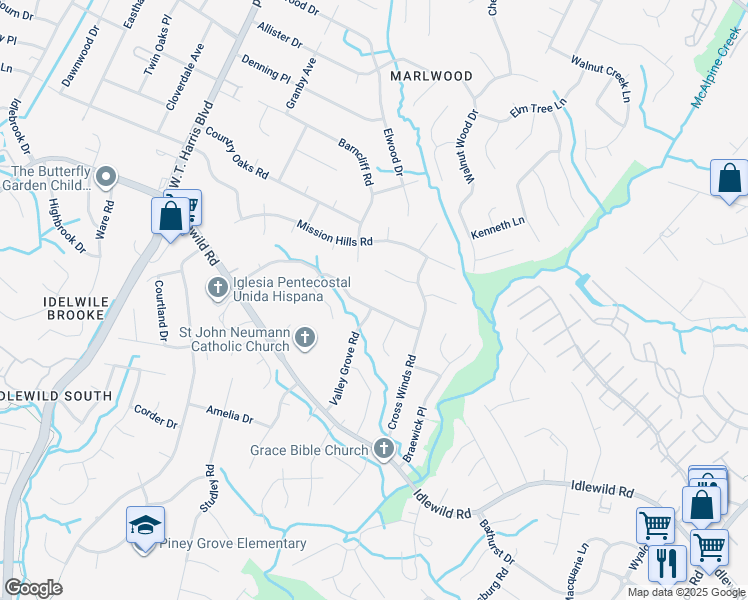 map of restaurants, bars, coffee shops, grocery stores, and more near 8533 Sunflower Road in Charlotte