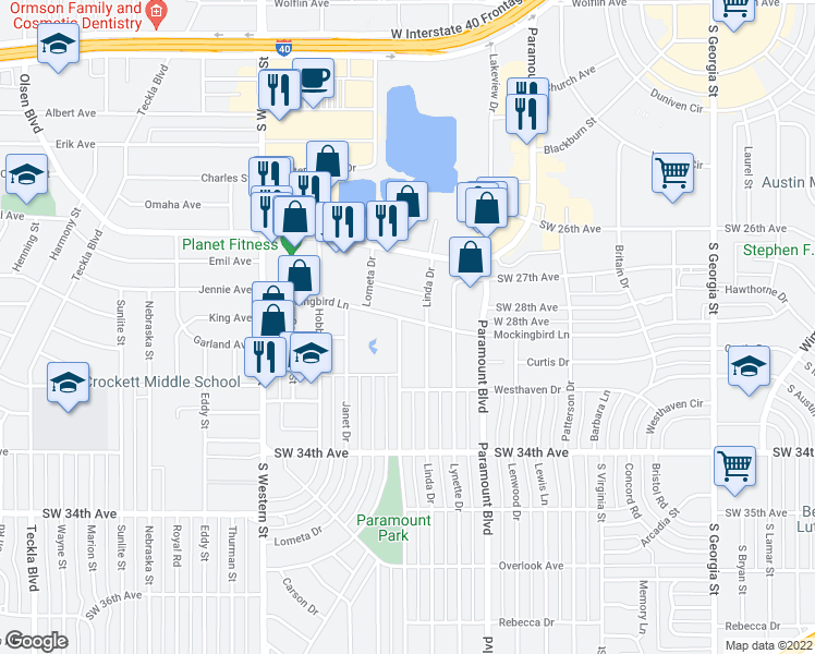 map of restaurants, bars, coffee shops, grocery stores, and more near 3103 Fleetwood Drive in Amarillo
