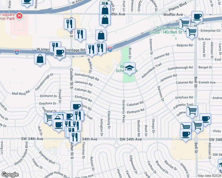 map of restaurants, bars, coffee shops, grocery stores, and more near 6713 Gainsborough Road in Amarillo