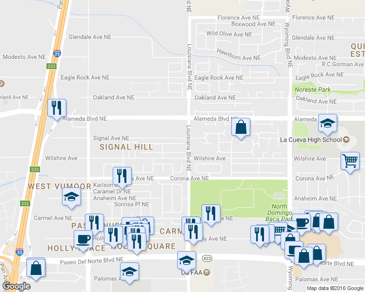 map of restaurants, bars, coffee shops, grocery stores, and more near 6920 Tesoro Place Northeast in Albuquerque