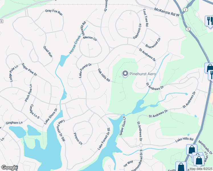 map of restaurants, bars, coffee shops, grocery stores, and more near 25 Burning Tree Road in Pinehurst