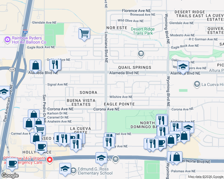 map of restaurants, bars, coffee shops, grocery stores, and more near 8605 Quail Creek Court Northeast in Albuquerque