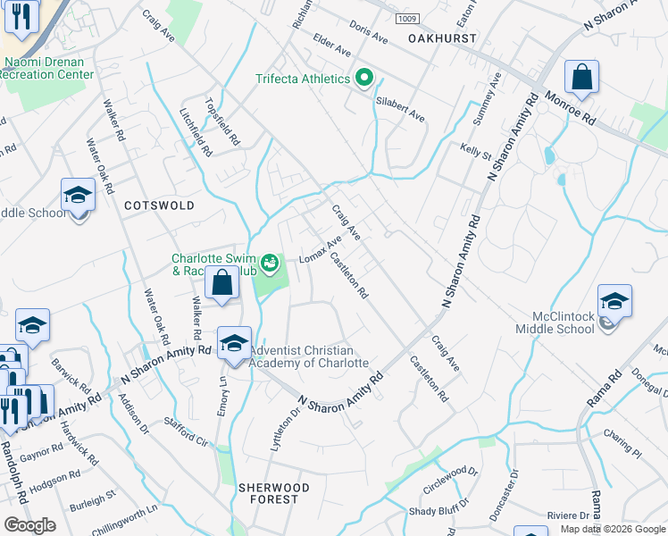 map of restaurants, bars, coffee shops, grocery stores, and more near in Charlotte