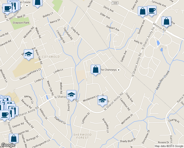 map of restaurants, bars, coffee shops, grocery stores, and more near 4115 Bloomdale Drive in Charlotte
