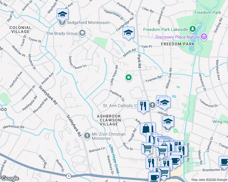 map of restaurants, bars, coffee shops, grocery stores, and more near 1510 Paddock Circle in Charlotte