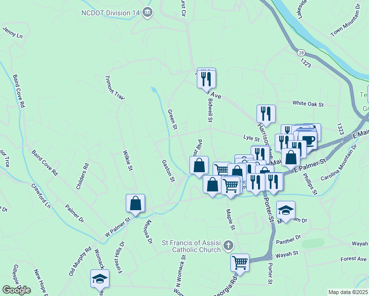 map of restaurants, bars, coffee shops, grocery stores, and more near 164 Lyle Street in Franklin