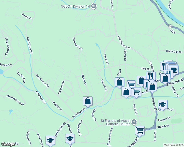 map of restaurants, bars, coffee shops, grocery stores, and more near 325 Wilkie Street in Franklin