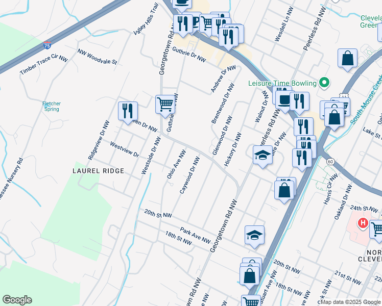 map of restaurants, bars, coffee shops, grocery stores, and more near 2305 Georgetown Road Northwest in Cleveland