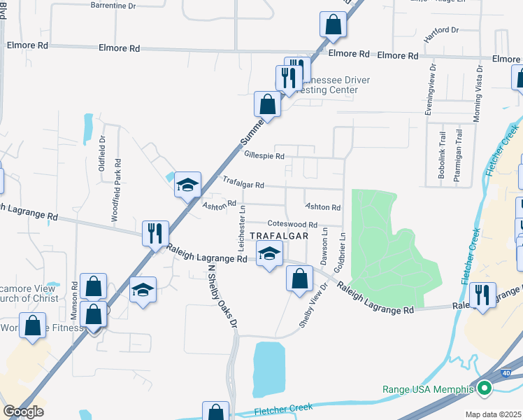 map of restaurants, bars, coffee shops, grocery stores, and more near 6305 Ashton Road in Memphis