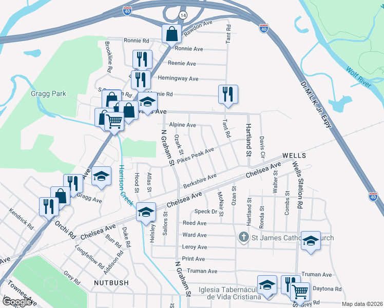 map of restaurants, bars, coffee shops, grocery stores, and more near 4064 Pikes Peak Avenue in Memphis