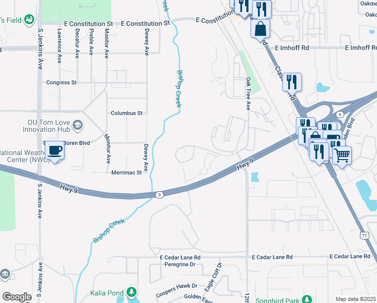 map of restaurants, bars, coffee shops, grocery stores, and more near 814 Cardinal Creek Boulevard in Norman