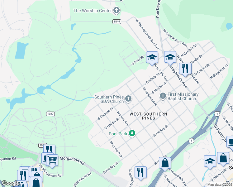 map of restaurants, bars, coffee shops, grocery stores, and more near 1290 West Wisconsin Avenue in Southern Pines