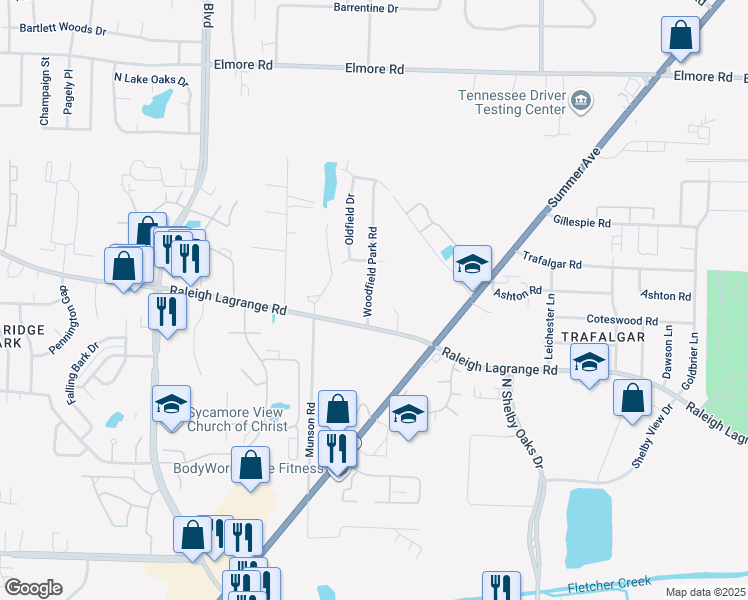 map of restaurants, bars, coffee shops, grocery stores, and more near 2086 Woodfield Park Road in Memphis