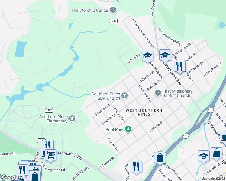map of restaurants, bars, coffee shops, grocery stores, and more near 1290 West Wisconsin Avenue in Southern Pines