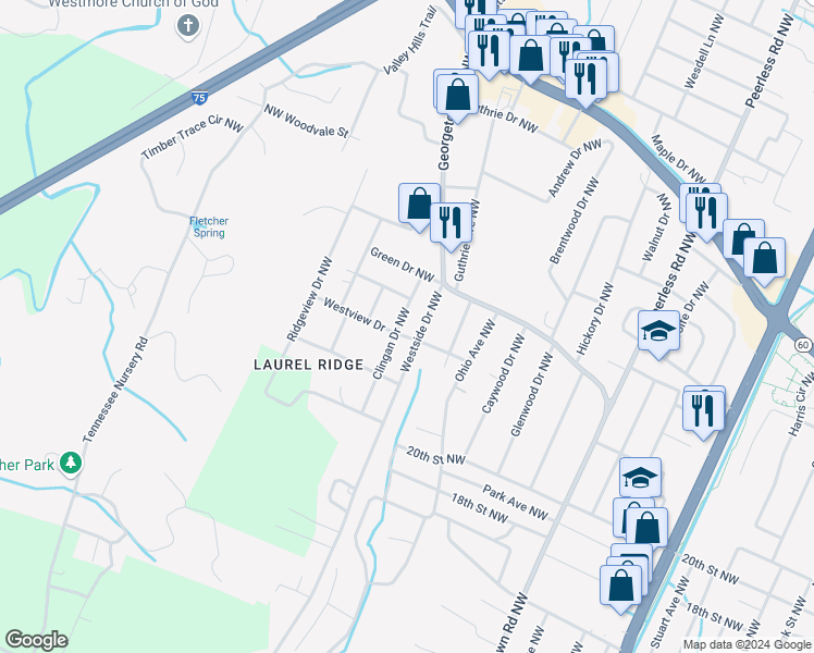 map of restaurants, bars, coffee shops, grocery stores, and more near 2012 Clingan Drive Northwest in Cleveland