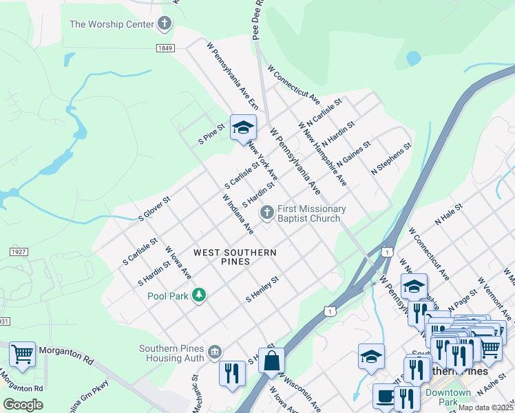 map of restaurants, bars, coffee shops, grocery stores, and more near 1064 West Massachusetts Avenue in Southern Pines