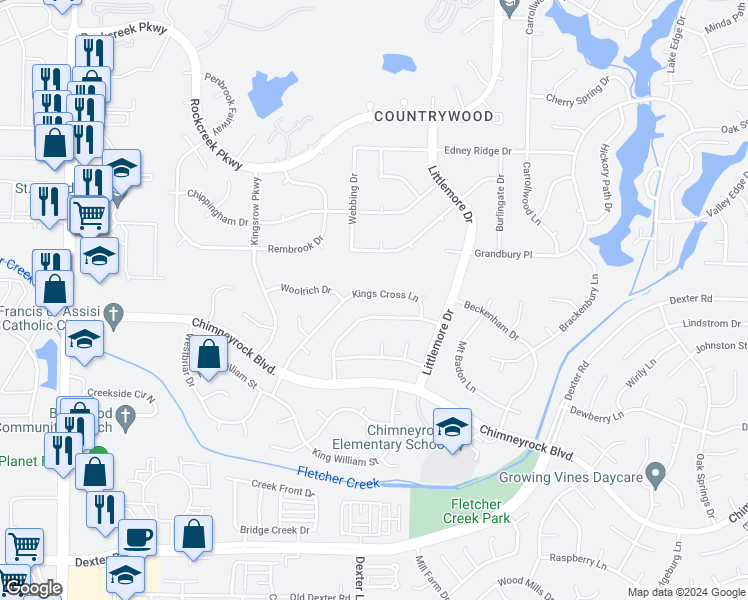 map of restaurants, bars, coffee shops, grocery stores, and more near 2058 Kings Cross Lane in Memphis