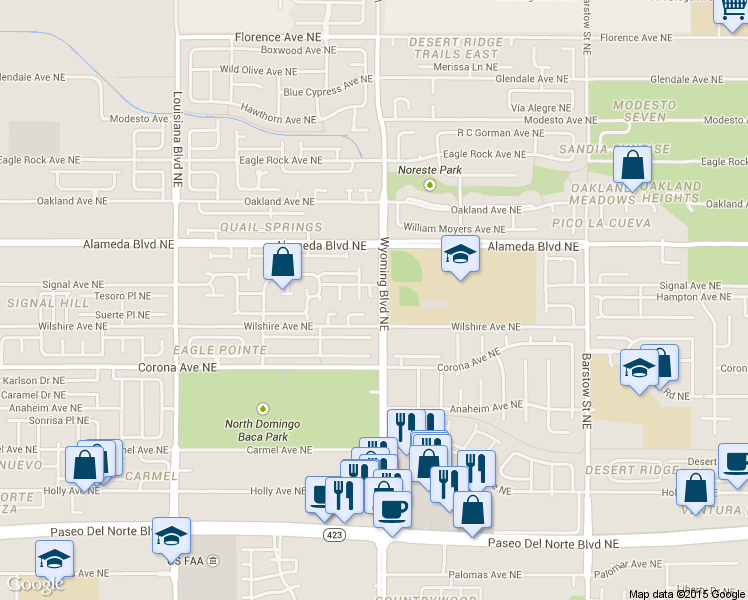 map of restaurants, bars, coffee shops, grocery stores, and more near 7508 Signal Avenue Northeast in Albuquerque