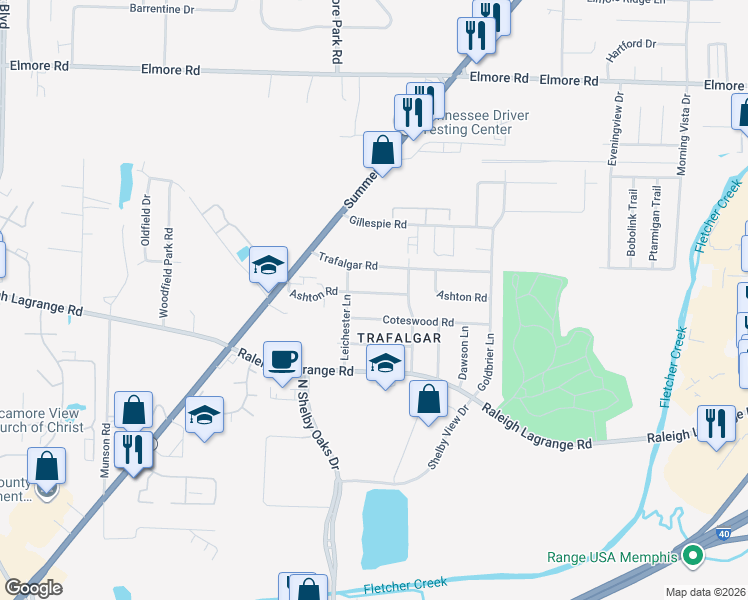 map of restaurants, bars, coffee shops, grocery stores, and more near 6305 Ashton Road in Memphis
