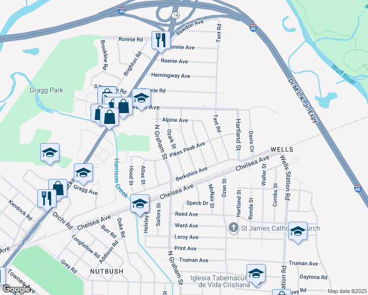 map of restaurants, bars, coffee shops, grocery stores, and more near 4064 Pikes Peak Avenue in Memphis
