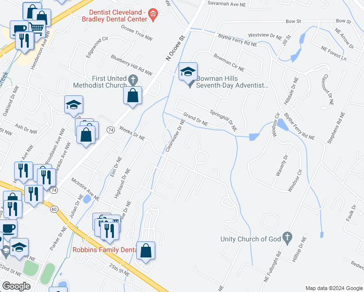 map of restaurants, bars, coffee shops, grocery stores, and more near 3502 Hedge Drive Northeast in Cleveland
