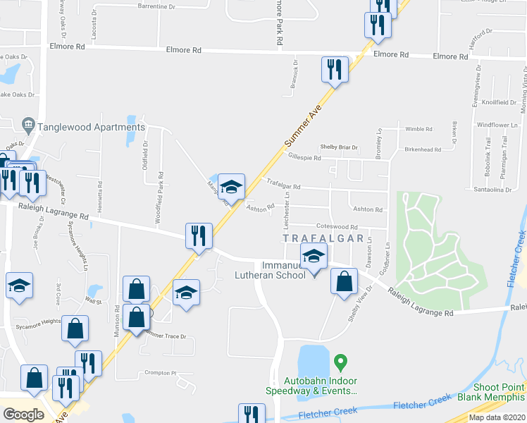 map of restaurants, bars, coffee shops, grocery stores, and more near 6217 Ashton Road in Memphis