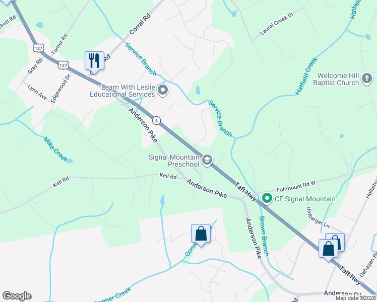 map of restaurants, bars, coffee shops, grocery stores, and more near 4509 Taft Highway in Signal Mountain