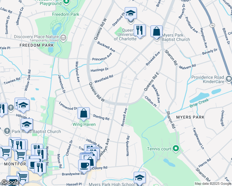map of restaurants, bars, coffee shops, grocery stores, and more near 2318 Selwyn Avenue in Charlotte
