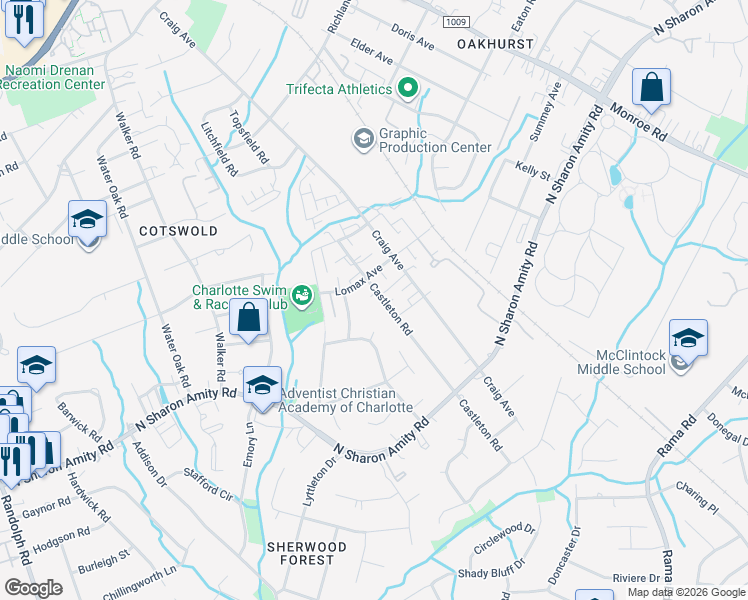 map of restaurants, bars, coffee shops, grocery stores, and more near in Charlotte