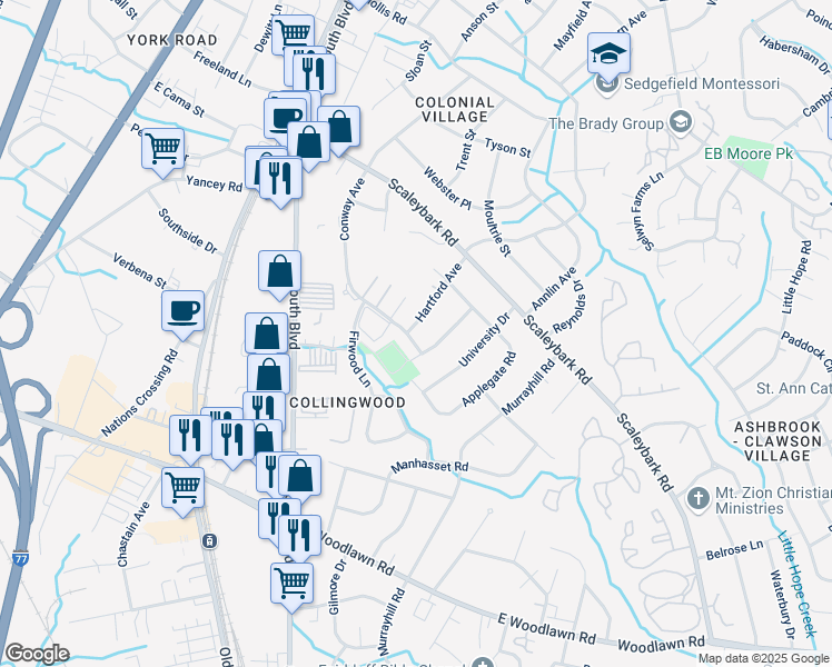 map of restaurants, bars, coffee shops, grocery stores, and more near 501 Bartling Road in Charlotte