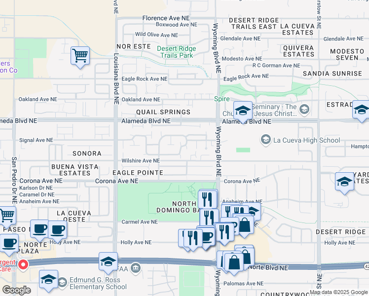 map of restaurants, bars, coffee shops, grocery stores, and more near 8624 Bluff Springs Drive Northeast in Albuquerque