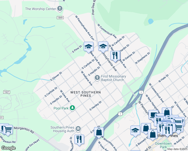 map of restaurants, bars, coffee shops, grocery stores, and more near 1064 West Massachusetts Avenue in Southern Pines