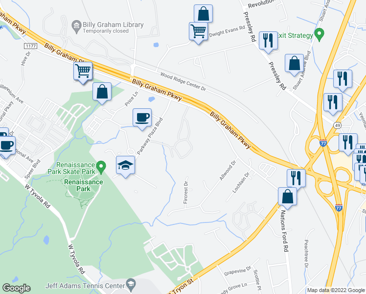 map of restaurants, bars, coffee shops, grocery stores, and more near 1010 Yorkmont Ridge Lane in Charlotte